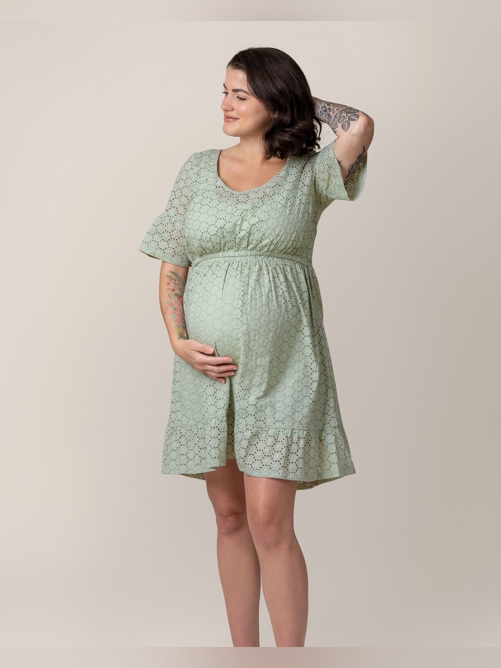 NWT Kindred Bravely Dahlia Sage Green Eyelet Maternity Nursing Dress Medium